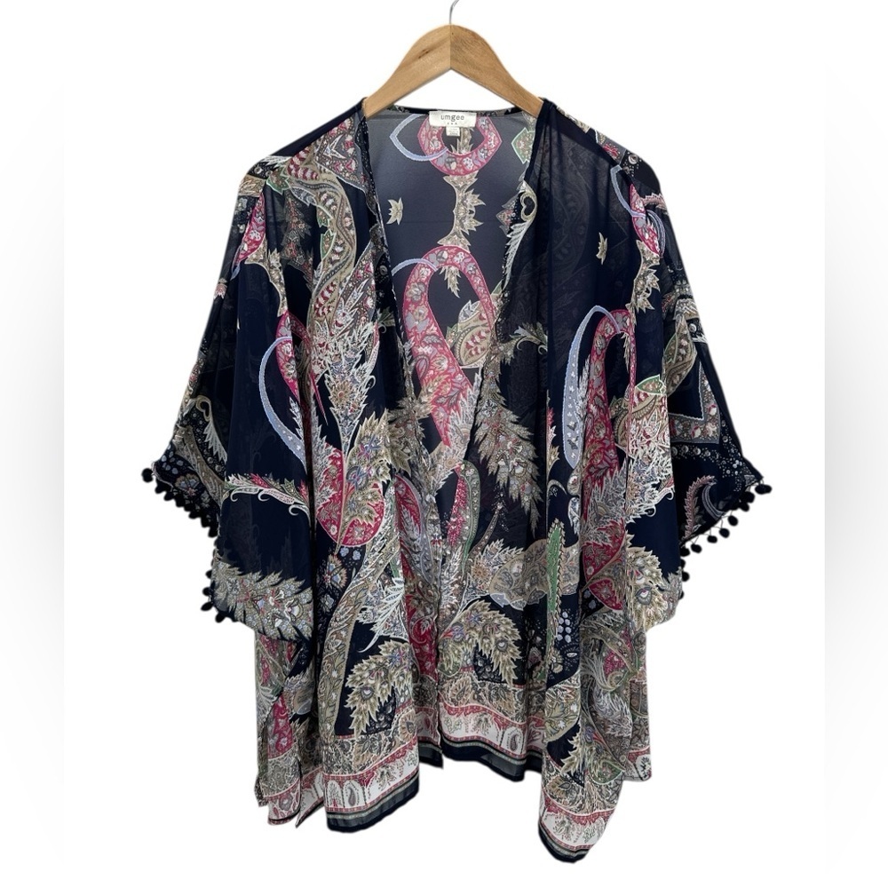 Umgee Sheer Paisley Print Kimono Drape Sleeve Boho Festival Pom Trim Robe S/M